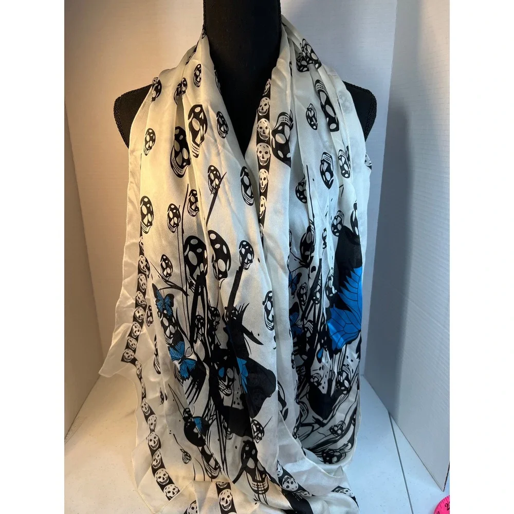 100% Silk Skull and Blue Butterfly Graphic Print Scarf White Black Rectangular